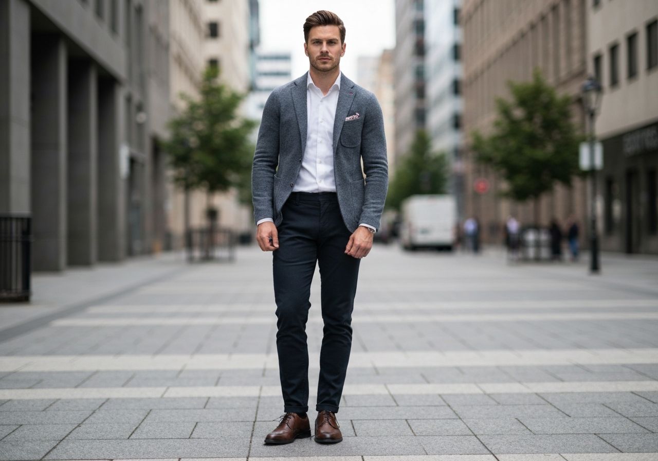 Mężczyzna w miejskim otoczeniu w smart casual, stojący pewnie, ubrany w marynarkę i białą koszulę