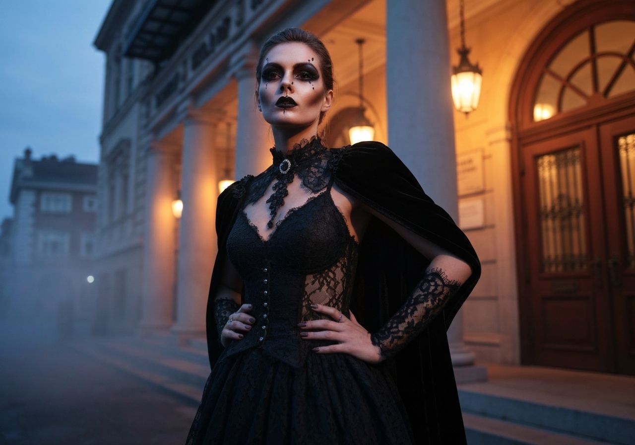 Młoda kobieta w gotyckiej sukni stoi przy wejściu do teatru o zmierzchu w tajemniczej atmosferze.