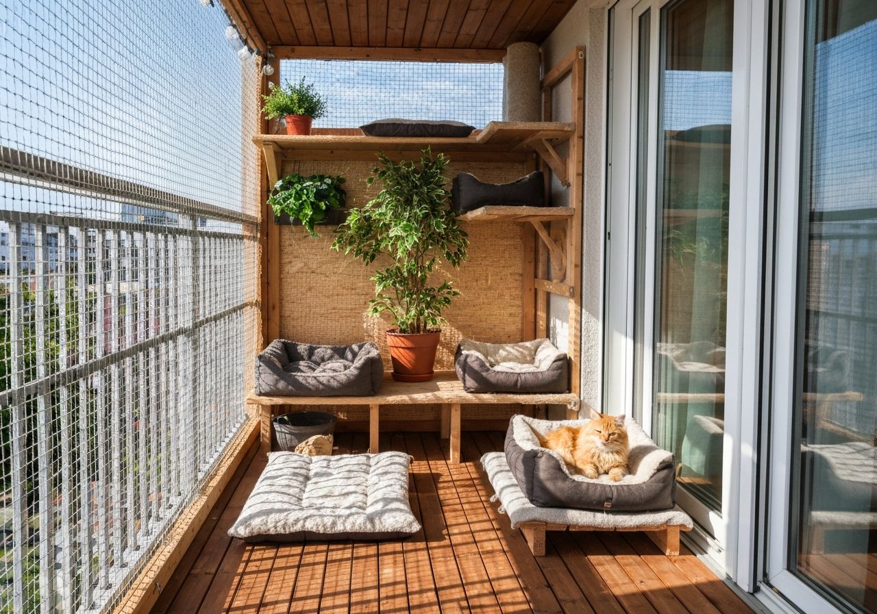 Przytulny balkon dla kota z miękkimi legowiskami, roślinami i siatką ochronną w naturalnym świetle