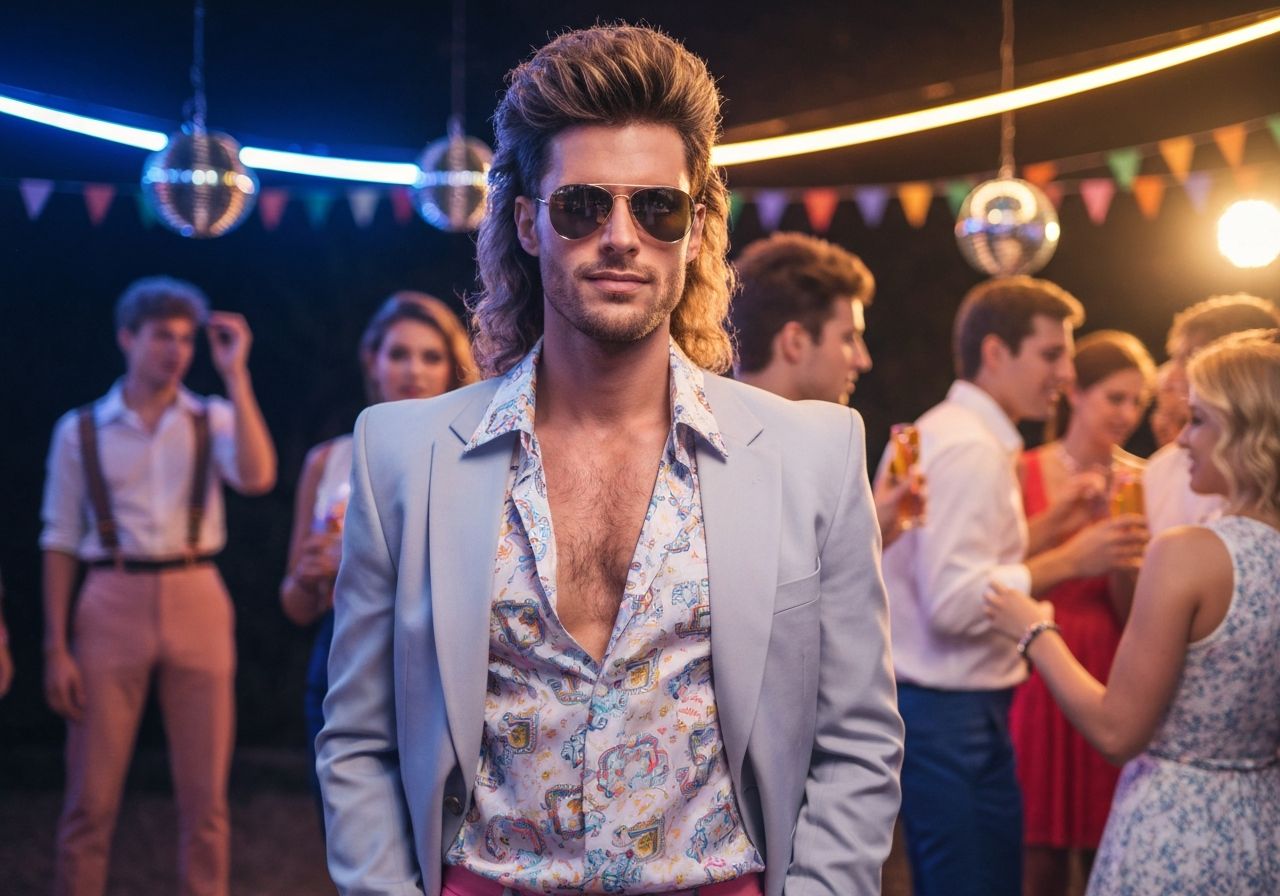 Mężczyzna w pastelowym garniturze i mullet na imprezie w stylu lat 80. przy neonach i dyskotekowych kulach