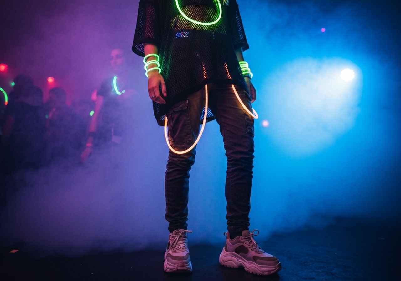 Młoda osoba na imprezie techno w urbanistycznym stroju, podświetlona niebiesko-fioletowym światłem i mgłą.
