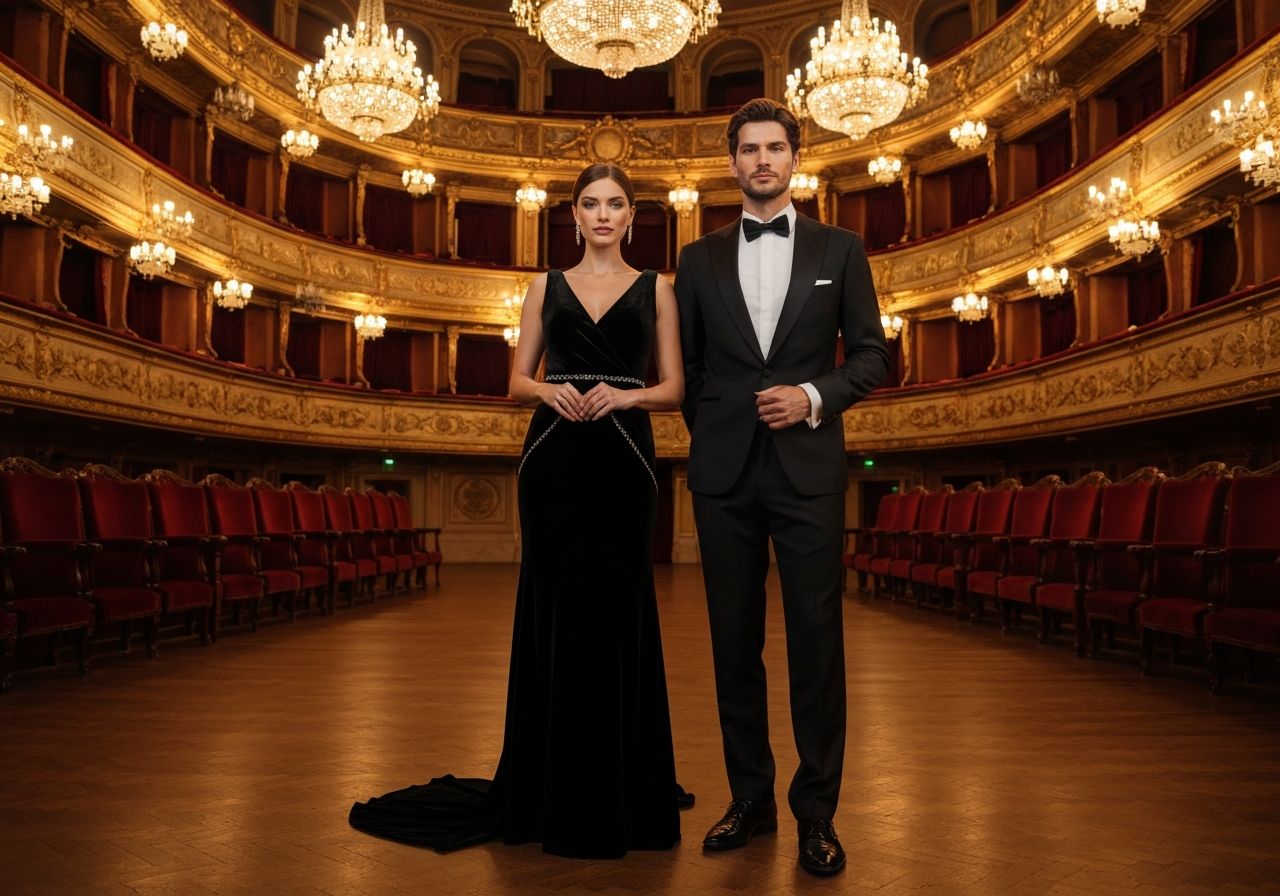 Para w eleganckim stroju na tle historycznego wnętrza opery z czerwonymi siedzeniami i złotymi dekoracjami