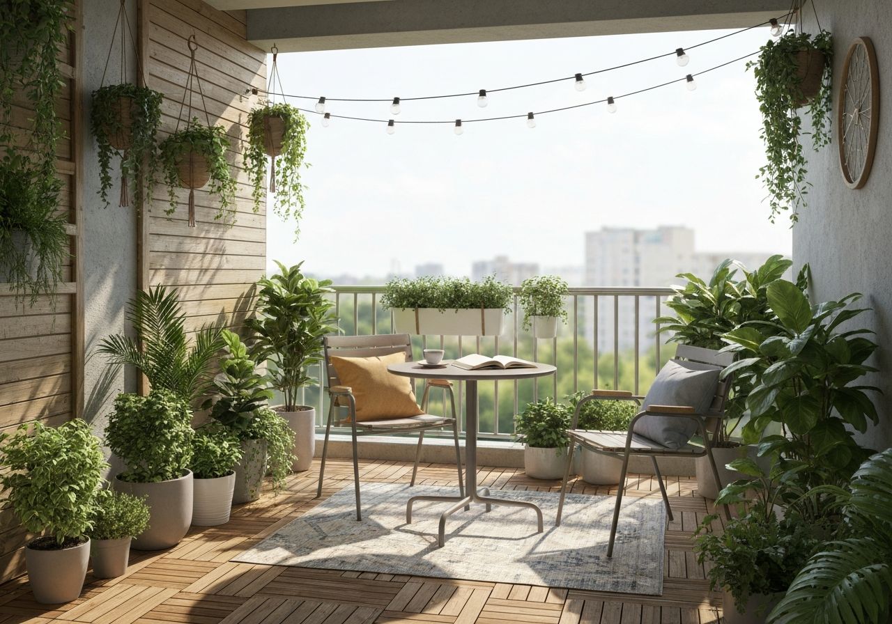 Przytulny balkon z drewnianą podłogą, zielonymi roślinami, stolikiem, krzesłami i kawą na tle miasta.