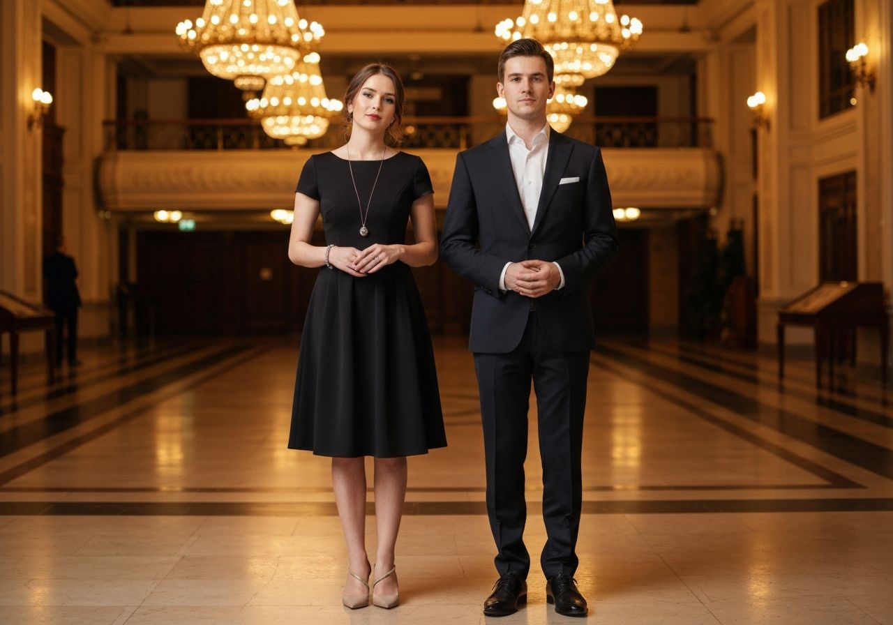 Elegancka para na koncercie muzyki klasycznej w hali z pięknym oświetleniem i stylowym wnętrzem
