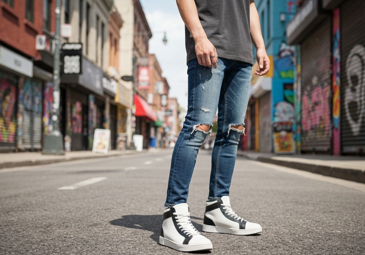 Osoba w wysokich sneakersach i casualowym stroju stoi na słonecznej ulicy miasta.