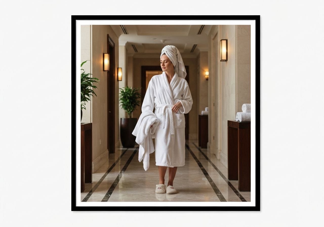 Kobieta w hotelowym spa w białym szlafroku i turbanie na głowie, trzymająca ręcznik na tle wnętrza spa.