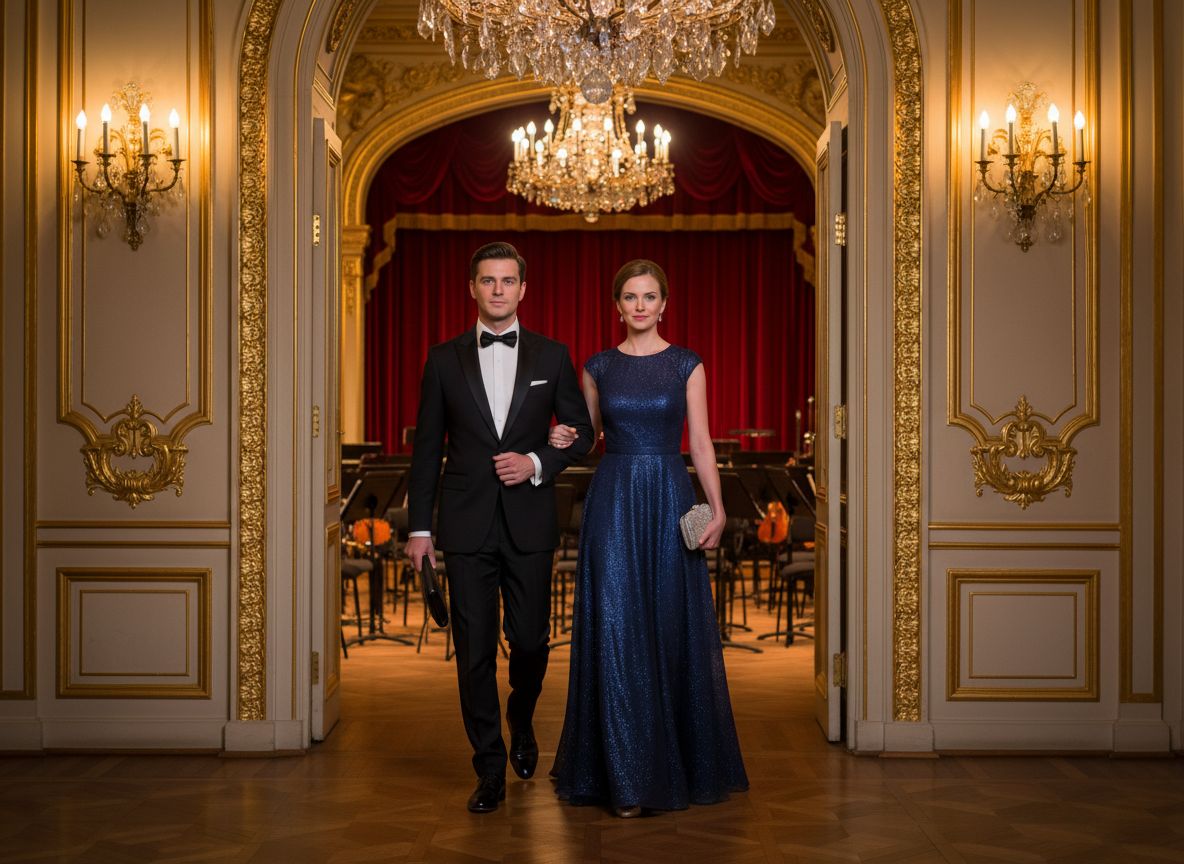 Mężczyzna i kobieta w eleganckich strojach wchodzą do sali koncertowej o ciepłym świetle
