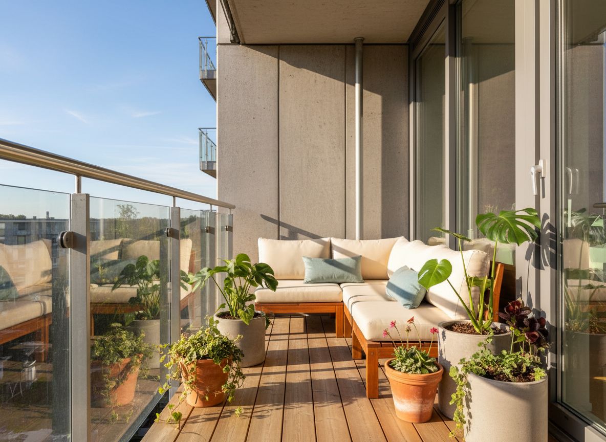 Nowoczesny balkon z wygodnym miejscem do siedzenia, roślinami i szklaną balustradą przy słonecznym niebie