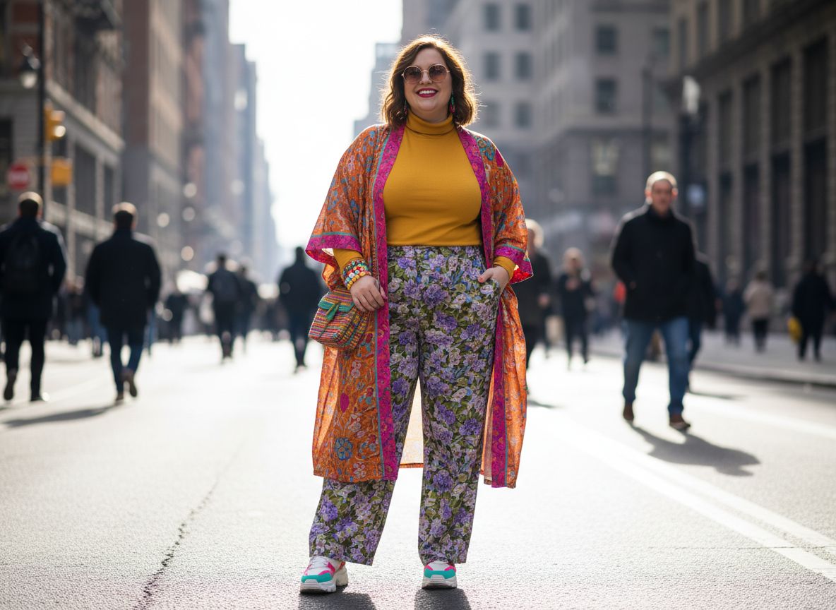 Plus size kobieta w kolorowym ubraniu stoi na ulicy miejskiej, uśmiechnięta, w naturalnym świetle.
